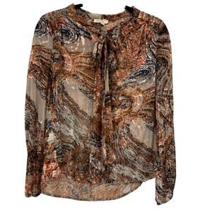 Meadow Rue Brown Tan Paisley Sheer Blouse Womens XS Anthropologie Tie Neck Shirt